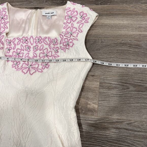 Pamella Roland White Beaded 100% Silk Made In The USA Size 4 Embossed Dress - Picture 11 of 14